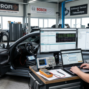 Elektronik-Diagnose-Support in Werkstatt mit Experte und Diagnosegerät für Tiefenanalyse.